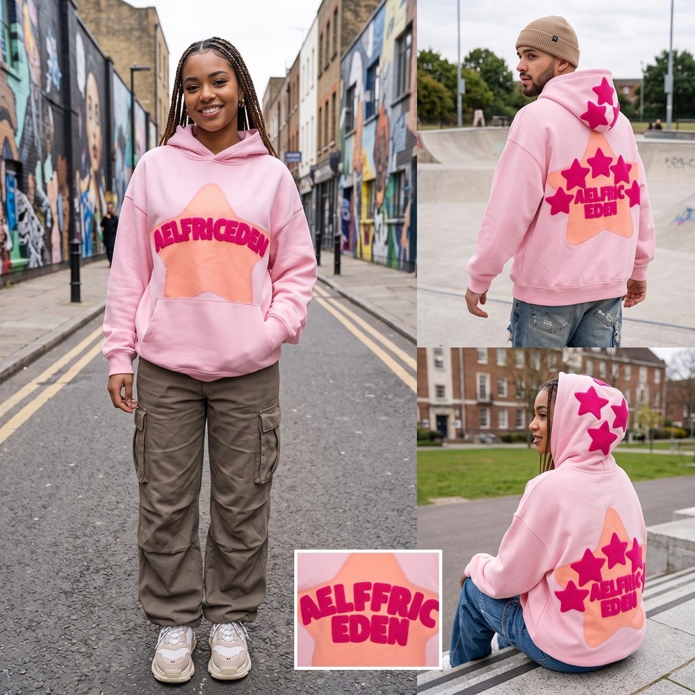 Aelfric Eden Pink Star Hoodie Unisex Medium Pink Chenille Y2K Streetwear Hoody